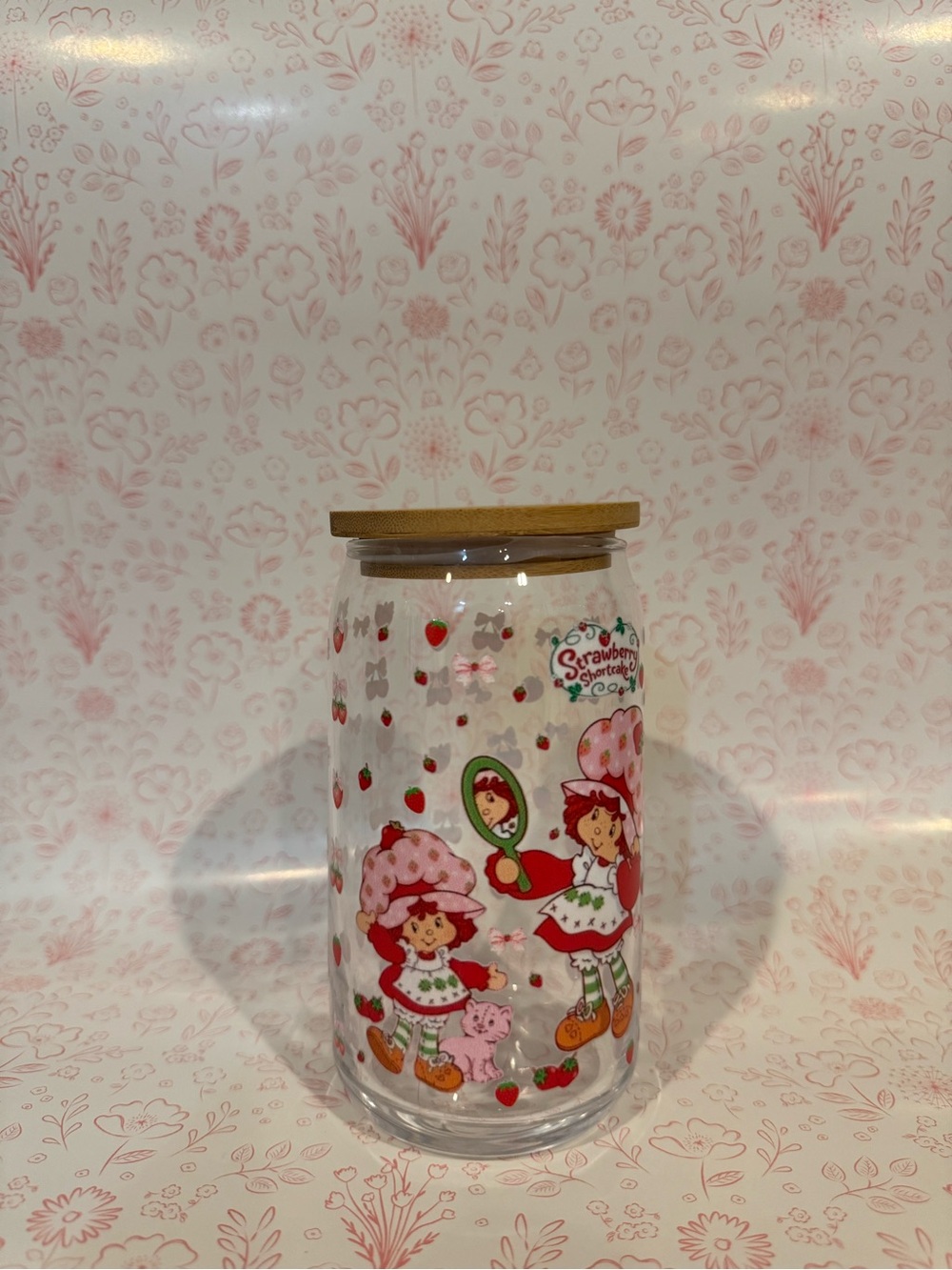Strawberry Shortcake Glass Canister with Bamboo Lid - Pink & Red